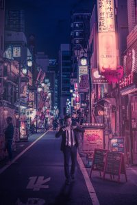 《霓虹都市》4K赛博朋克风格封面，霓虹灯光与未来都市夜景